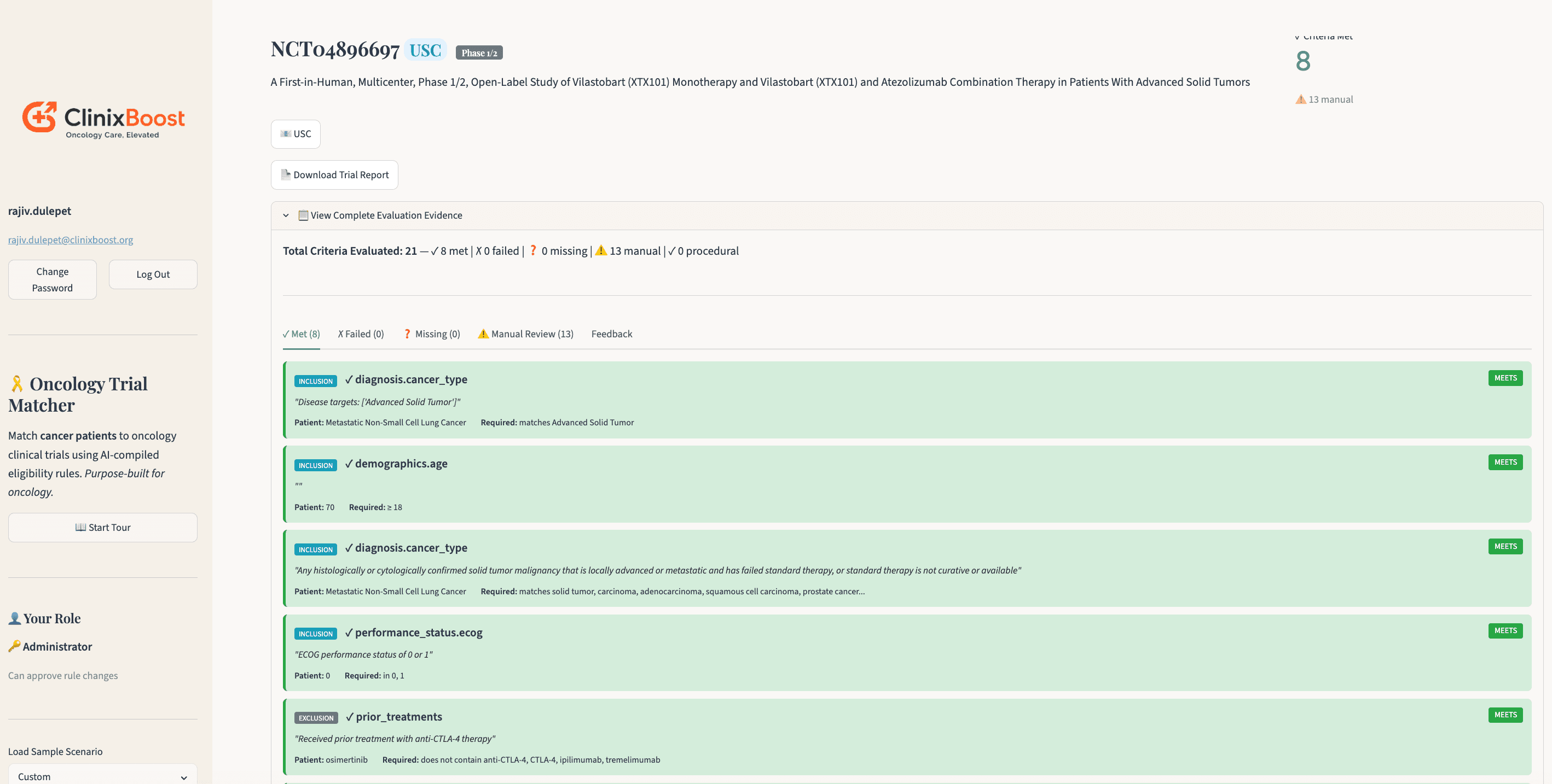 ClinixBoost trial matching — criterion-by-criterion evidence