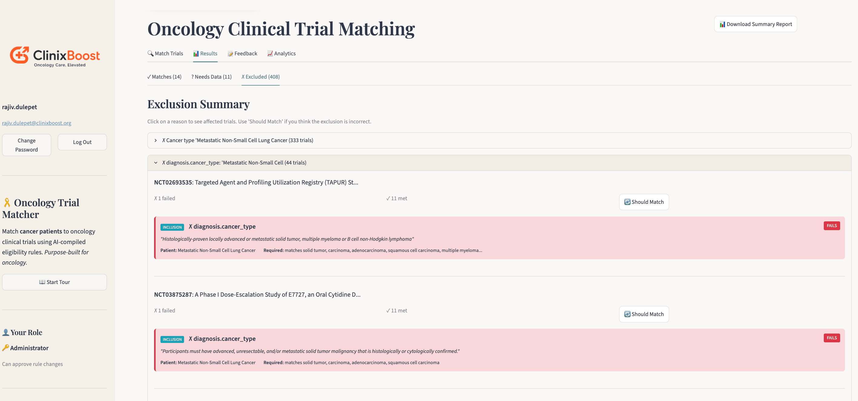 ClinixBoost trial matching — exclusion summary