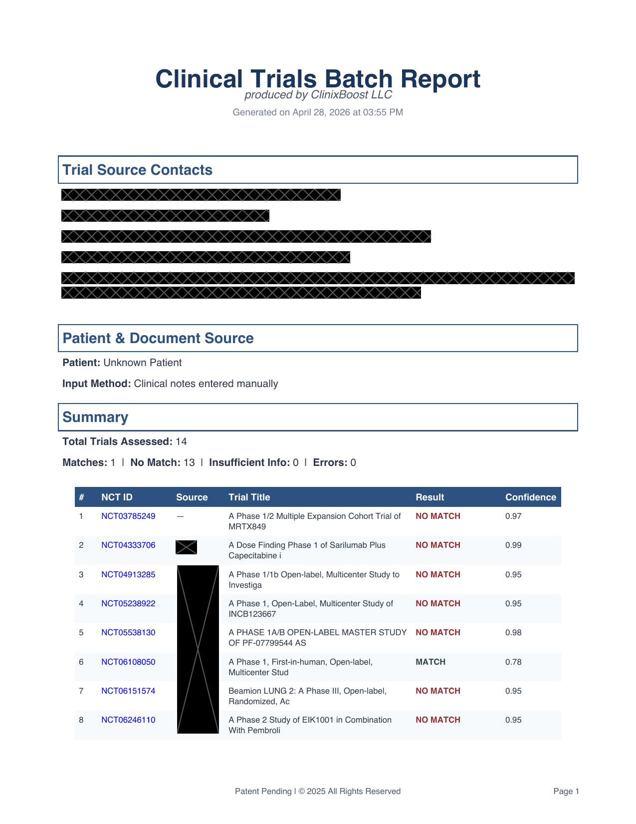 First page preview of trial matching report